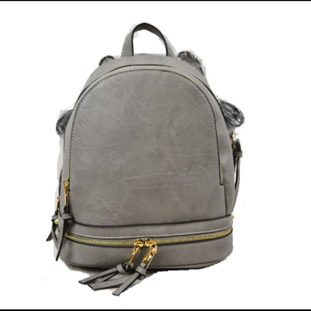 Grey Faux Leather 3 Zipper Backpack